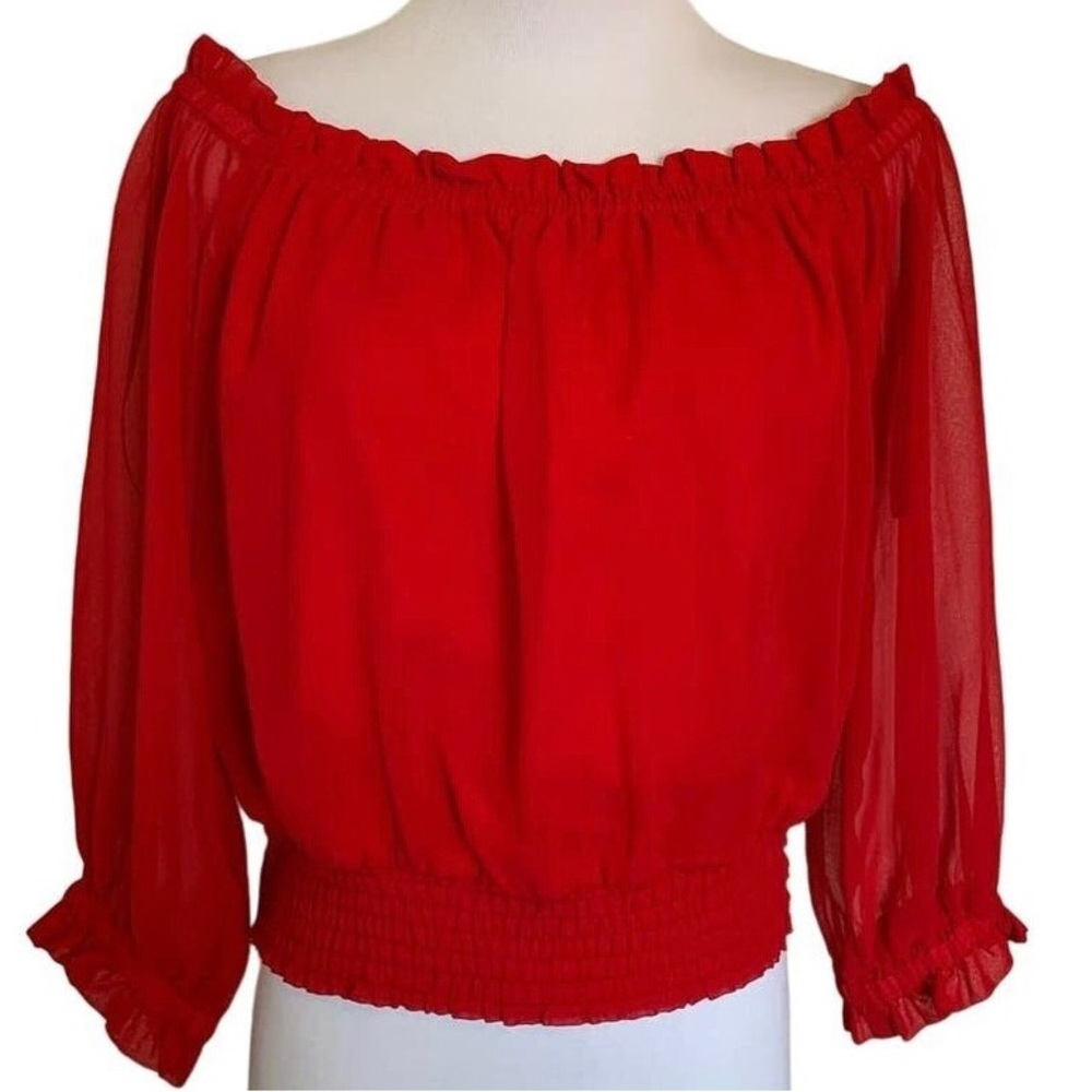 bebe Red Gathered Off-the-Shoulder Crop Top / Blouse- XS